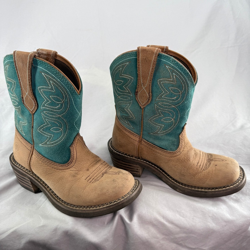 Ariat Womens Brown Leather Teal Suede Square Toe 6B Western Cowgirl Boots - Picture 2 of 9